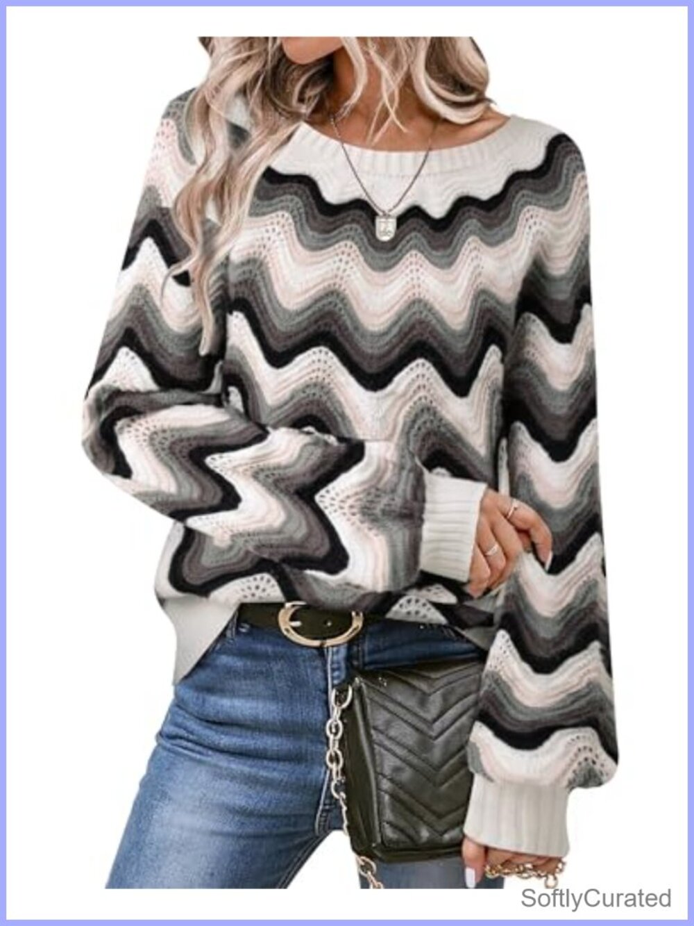 Womens Color Block Sweater Lantern Sleeve Crewneck Knit Pullover